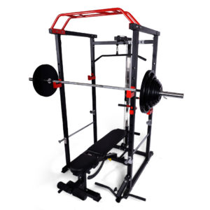 Red and Black Cage + Olympic barbell + Olympic weight plate Set + Adjustable Bench